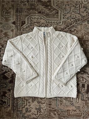 Hand Knit Chunky Cable-Knit 100% Wool Cream Zip-Up Fisherman Sweater XL